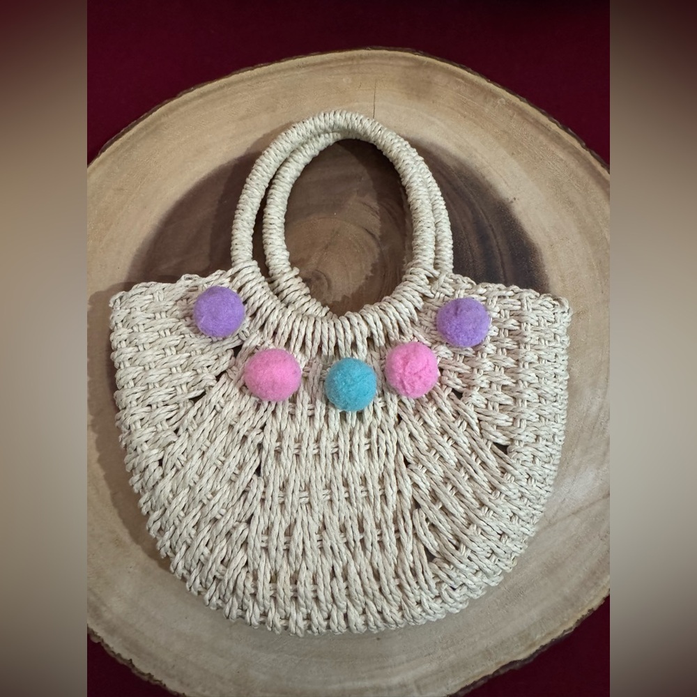 Handmade Woven Straw Tote with Pastel Pom-Pom Accents